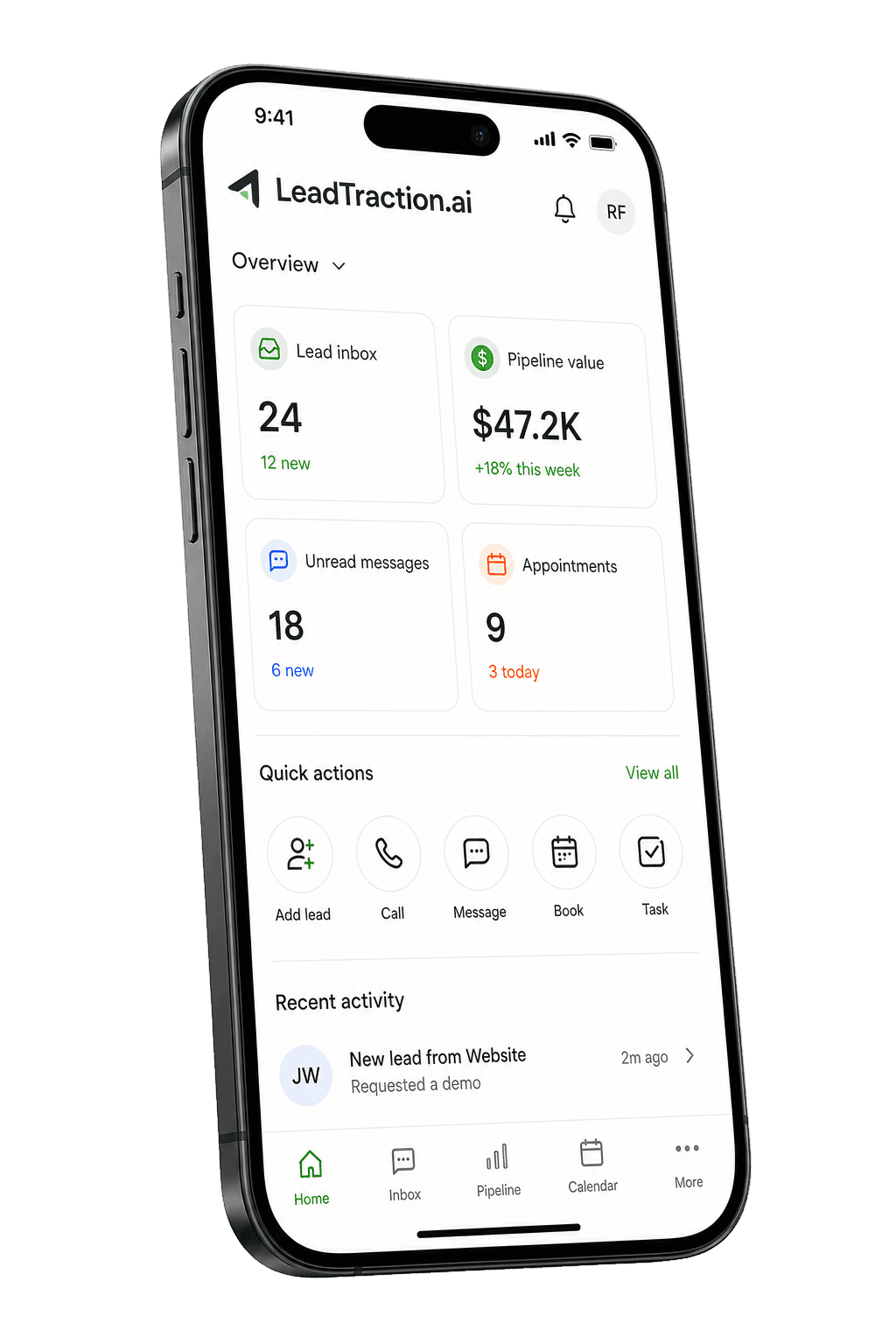Leadtraction mobile app showing leads, pipeline value, messages, appointments, and quick actions